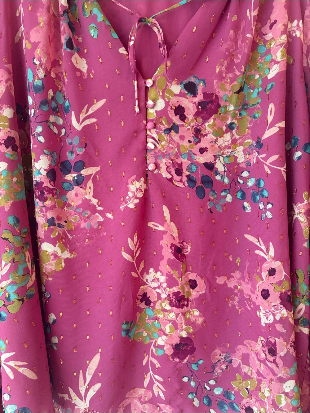 Cato Pink/Purple Floral Ruffle-Neck Blouse with Gold Dot Accents - Picture 6 of 9